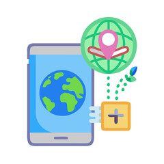 Phone with earth globe, green world map pin and growth box against black background
