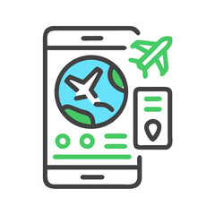 Travel app showing flight route on a globe and passport detail, modern line icon design