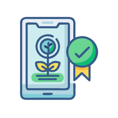 Digital plant growing app with green checkmark, representing sustainability and approval process.