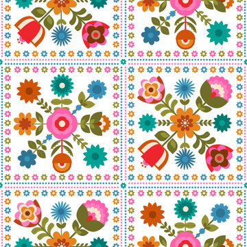 folksy blooms flowers in leafy squares on transparent  background seamless pattern, vector illustration repeat design print