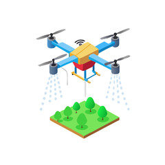 Isometric drone spraying trees in orchard, agricultural technology concept for farming and growth