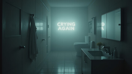CRYING AGAIN glowing in white neon in cold bathroom space