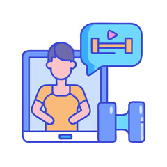 Online fitness training program on digital tablet providing virtual coaching session for exercise