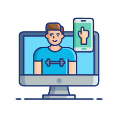 Online fitness coach on computer screen with mobile app integration showcasing exercise guidance