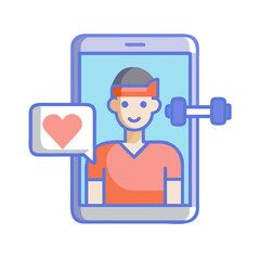 Online fitness platform stock image depicting a man exercising with dumbbell and heart icon
