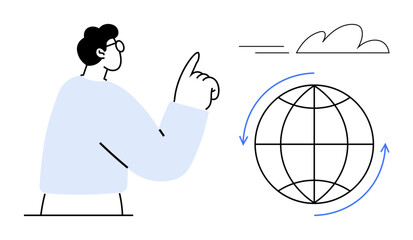 Man gestures towards a globe with arrows and a cloud overhead. Ideal for sustainability, education, global connection, renewable energy, technology, communication, teamwork. Simple flat metaphor