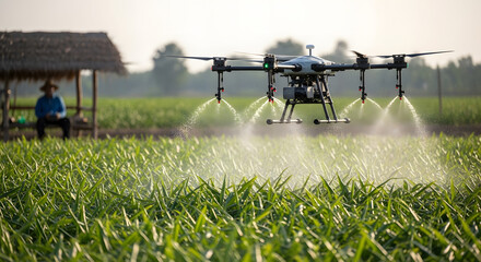 Smart Farmer Spraying Plants with Drone for Water, Fertilizer, or Pesticide