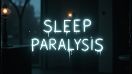 Obraz premium SLEEP PARALYSIS written in glowing white letters in dark hallway