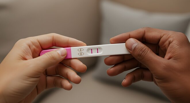 Couple's hands holding positive pregnancy test, symbolizing new life and family joy - Powered by Adobe