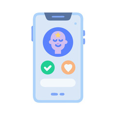Cartoon style smartphone with a face in a circle, check and heart icons