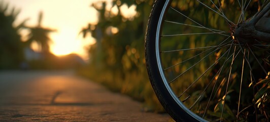 The Bicycle Wheel at Sunset on a Quiet Tree-Lined Suburban Sidewalk