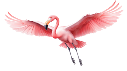 Vibrant pink flamingo gracefully takes flight with wings spread wide, a symbol of elegance and freedom.