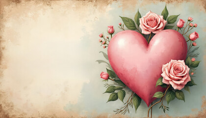Soft pink heart shape embellished with delicate roses, green leaves. Muted tones, faded floral motifs evoke classic romance. Elegant cursive fonts, vintage paper texture create timeless Valentine Day