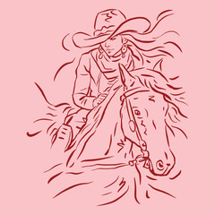 cowgirl with running horse vector for card decoration illustration