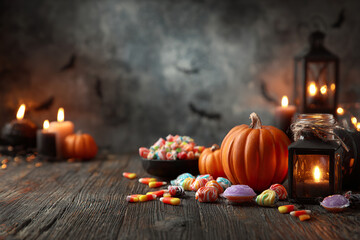 Porcelain bowl filled with black and orange wrapped candies, surrounded by smoky mist for Halloween.