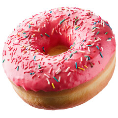 pink sprinkled donut isolated on transparent background with sweet icing glaze and colorful toppings, delicious bakery dessert food concept for snack, pastry, confectionery, breakfast and cafe design