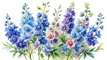 Fototapeta premium Watercolor painting of delphinium flowers isolated on white background