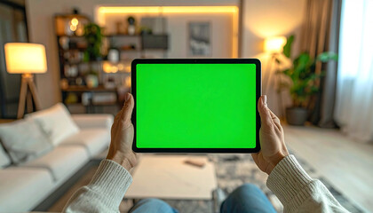 Point of view of a user holding a horizontal tablet with a green screen mockup, sitting in a comfortable and modern home environment