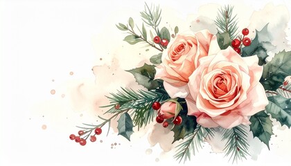 Design material, watercolor style, Christmas bouquet of large roses