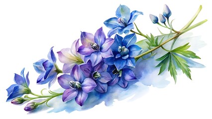 Watercolor painting of blue delphinium flowers isolated on white background