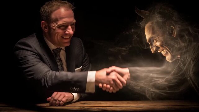 A professional exchanges a handshake while a smoke effect creates an enigmatic environment in a low light setting