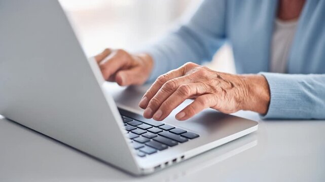 Manos de persona mayor senior aprendiendo a manejar un laptop. Aprender, vejez, tecnolog&iacute;a
