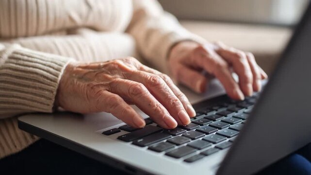 Manos de persona mayor senior aprendiendo a manejar un laptop. Aprender, vejez, tecnolog&iacute;a