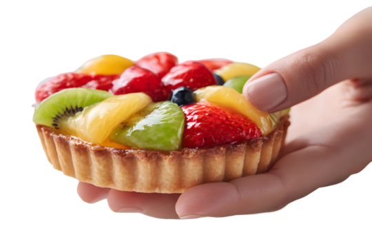 Hand holding a colorful fruit tart with fresh glaze isolated on transparent background