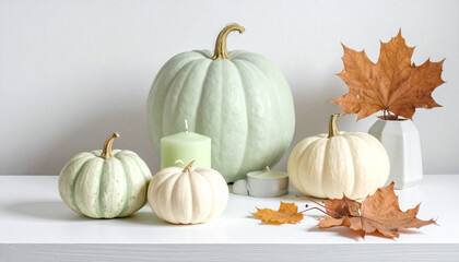 Design material, cute pastel green pumpkins and candles