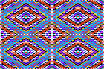 Seamless abstract textile pattern, diamond-shaped geometric design, vibrant colors, zigzag brush strokes, kaleidoscope style, colorful psychedelic artwork, bold symmetry, optical illusion effect, dyna
