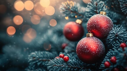 Festive red ornaments adorn frosted Christmas tree branches, bokeh background; holiday card