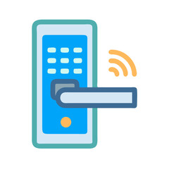 Vector illustration of a smart door lock with keypad and wireless connectivity symbol on black background