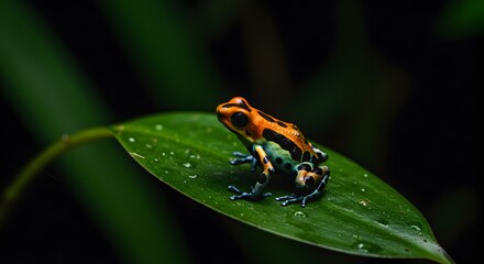 Naklejka premium Vibrant Poison Dart Frog on Lush Green Leaf
