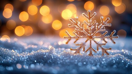 Sparkling snowflake on snow, bokeh lights, winter holiday