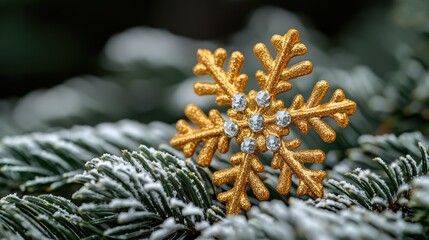 Golden snowflake ornament on snowy fir branch, winter holiday background, festive decoration