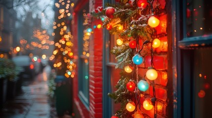 Festive Christmas lights on a brick building