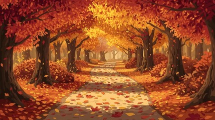 An impressionistic and artistic rendering of a winding forest path covered with a thick blanket of fallen autumn leaves, illuminated by a warm, golden, and ethereal light