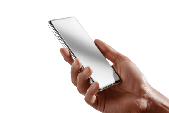 Hand holding a modern smartphone with blank screen isolated on transparent background