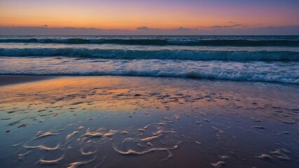 Serene sunset over a tranquil beach with gentle waves reflecting vibrant colors in the sky