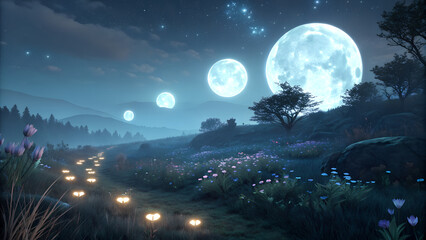 Enchanting Moonlit Meadow with Glowing Path and Multiple Moons