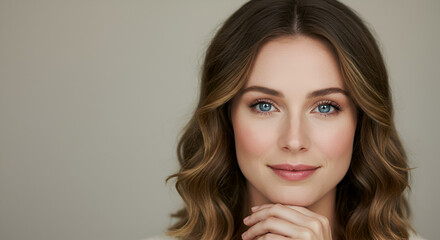 Naklejka premium Portrait of a serene woman with wavy hair and captivating blue eyes gazing