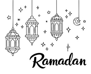 Ramadan Vector Illustration with Hanging Lanterns, Stars, and Moon for Islamic Greeting Cards