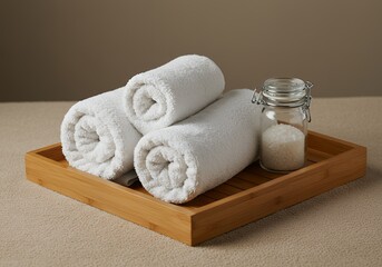 Spa Towels and Bath Salt on Wooden Tray