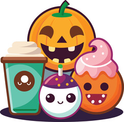 Adorable Halloween Treats: Cartoon Pumpkin, Coffee, Cupcake, and Candy Illustration