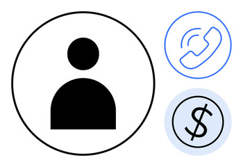 User profile icon placed centrally with a phone and dollar sign icon for communication and financial themes. Ideal for accounts, identity, payments, services, CRM, contact, profile. A simple flat