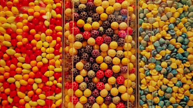 Colorful candies stacked in rows suggest excess and sugar dependence visually