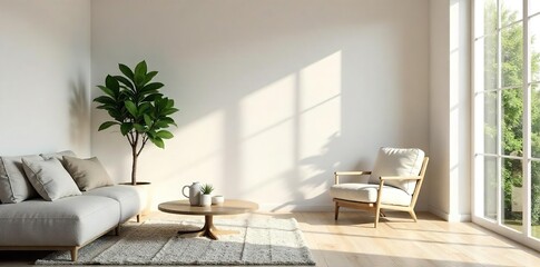 Serene minimalist living room, featuring a single plant, neutral-toned furniture, and natural light streaming through a large window The space exudes calm and tranquility , rug, calm
