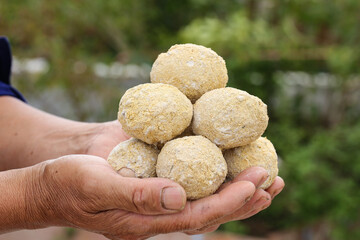 Hands Holding Traditional Chinese Preserved Pidan Century Eggs Outdoors
