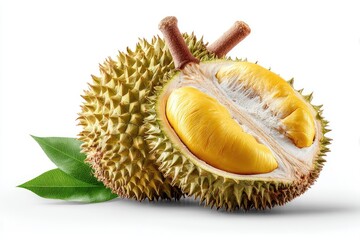 Obraz premium Two Durian halves with leaves