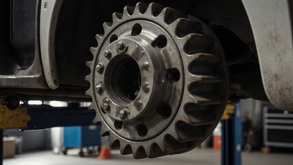 Naklejka premium Disassembled truck axle with visible gear teeth placed on hydraulic lift in service area